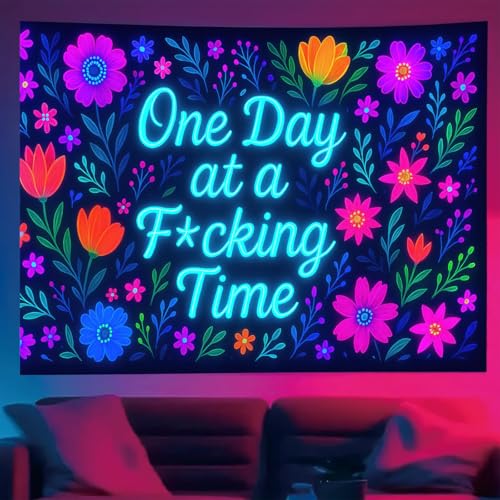 Neon Flowers Blacklight Tapestry UV Reactive Wall Hanging One Day at a F*cking Time for Bedroom Dorm Living Room Glowing Motivational Decor Fluorescent Trippy Poster 78 x 59 Inch