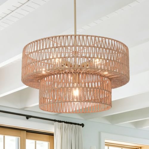 23.62" 6 Light Boho Chandelier Rattan Light Fixture Hand Woven Farmhouse Chandelier for Dining Room Ceiling Hanging Pendant Light for Kitchen Island Lighting