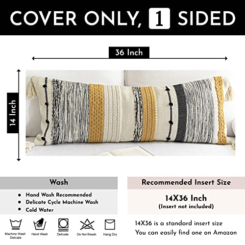 Decorative Lumbar Throw Pillow Cover 14x36 Boho Long Cushion for Bed Yellow Mustard Accent Farmhouse Pillowcase for Bedroom Living Room Couch Sofa Home Décor Cover ONLY