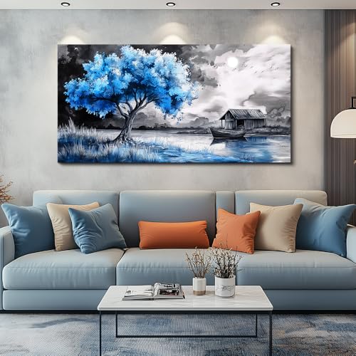 Large Wall Art For Living Room Blue Wall Decor For Bedroom Black White And Blue Trees Wall Pictures Restaurant Office Frame Printing Canvas Large Artwork Modern Home Decoration 30x60 in