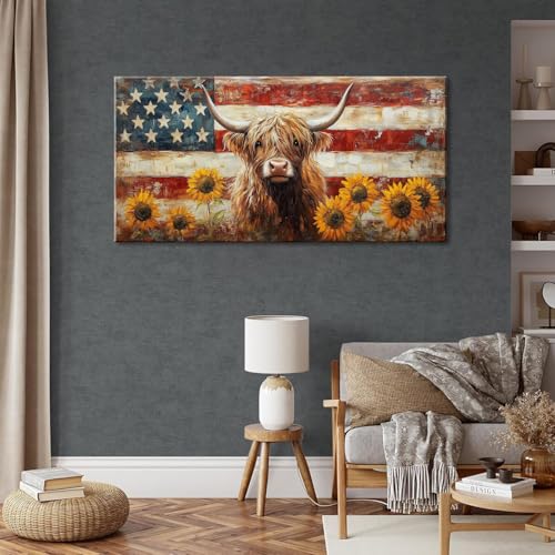 Country Highland Cow Wall Art for Living Room Rustic Retro Vintage American Flag Sunflower Canvas Painting Prints Highland Cattle Artwork Farmhouse Bedroom Office Decor