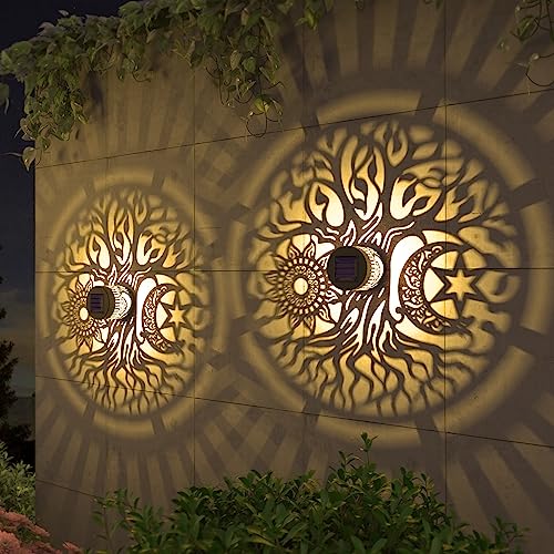 2 Pack Solar Fence Lights Metal Solar Powered Outdoor Wall Deck Step Lights Tree Theme Waterproof Fence Light for Garden Post Patio Backyard Yard Decor (2 Count)