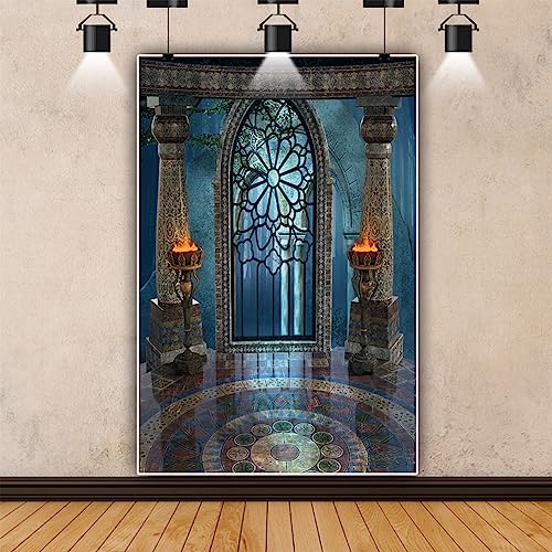 6x8ft Medieval Castle Backdrop for Photoshoot Portrait Pillar Torch Gothic Stone Tower Ancient Old Fortress Interior Photography Background Halloween Party Decor Wallpaper Photo Studio Props