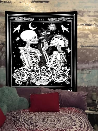The Lovers Skull Tapestry Gothic Tapestry Vertical Black and White Skeleton Gothic Witch Sun Moon Floral Plant Snake Tapestries Wall Hanging Decor for Bedroom Dorm Room 70 x 90 Inches
