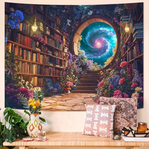 Floral Bookshelf Tapestry Fantasy Library Tapestries Wall Hanging Vintage Plant Flower Book Large Tapestry for Bedroom Living Room Dorm 80 x 60 inch