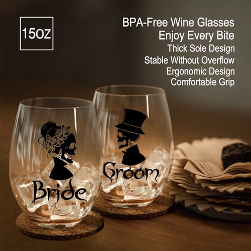Gothic Halloween Wedding Bride Groom Wine Glass with Gift Box