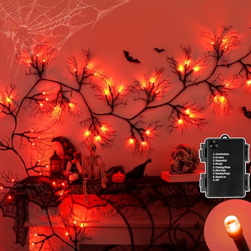 9 Ft 66 LED Willow Vine Twig Decor Black Halloween Garland with Orange Lights