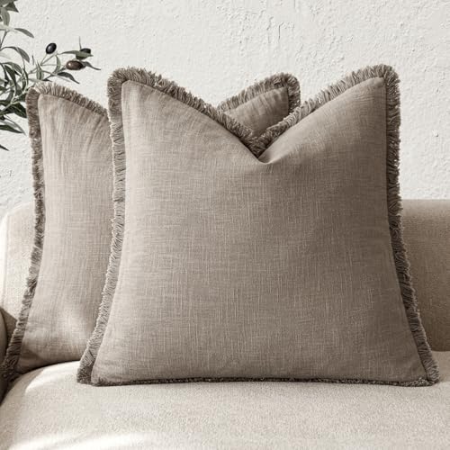 Decorative Linen Fringe Throw Pillow Covers 24×24 Inch (2 Count)