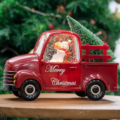 Christmas Snow Water Lantern Glittering Snowman and Pup in Red Truck with Christmas Tree