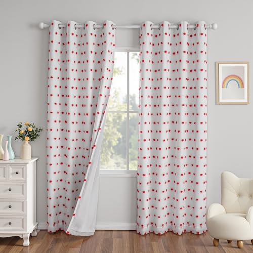 Blackout Curtains for Nursery Thermal Insulated Red Pom Pom Curtains 72 Inch Long for Girls Bedroom 2 Panels White Sheer Curtains for Dining Room Door Grommet (2 Count)
