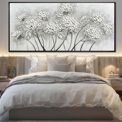 Grey and White Hand Painted Wall Art Flower Canvas Artwork Contemporary Oil Paintings 40"x86" Decorations for Bedroom Office