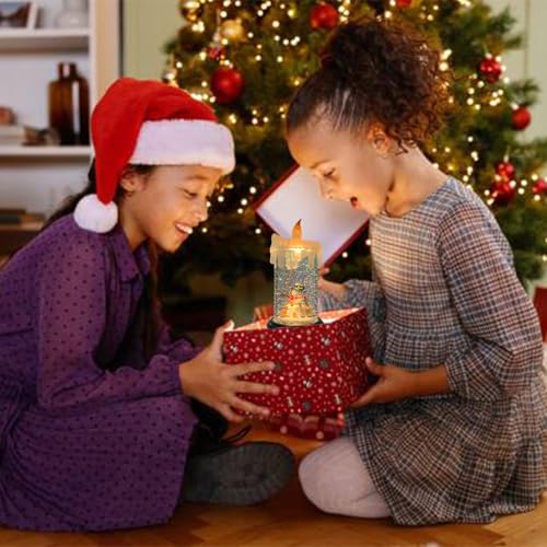 Christmas Flickering Flameless Candles Christmas Snow Globe Candle Light Swirling Water Glittering Spinning Candles with 6 Hours Timer for Home Christmas Gift Decorations