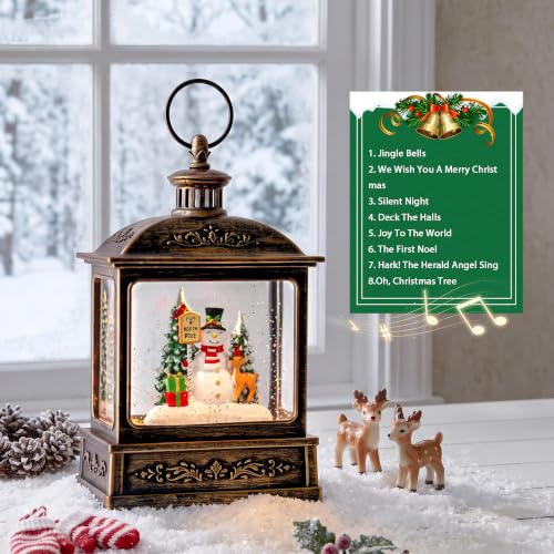 Christmas Snow Globe Lantern Water Glittering North Pole Snowman with Music & Timer