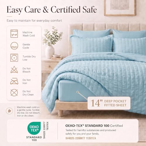 Full Size Comforter Set 7 Pieces Light Blue Seersucker Bed in a Bag