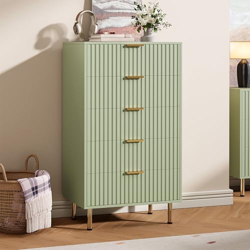 48" Fluted Green 5 Drawer Dresser for Bedroom with Deep Drawers
