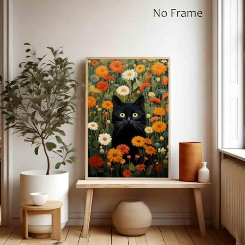 Black Cat Wall Art Colorful Flower Pictures Funny Cat Painting Green Plant Pictures Colorful Wildflowers Wall Art Cute Animals Floral Picture Aesthetic Living Room Decor 16x24inch No Frame