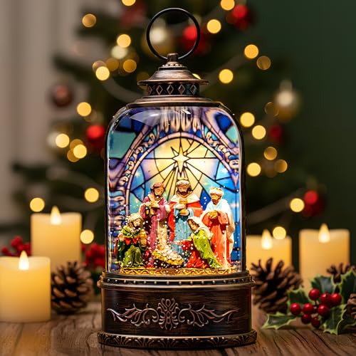 Christmas Snow Globe Swirling Glittering Nativity Scene with Music