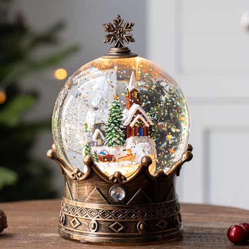 Christmas Snow Globe Lantern Water Glittering Village & Santa Crown with Music