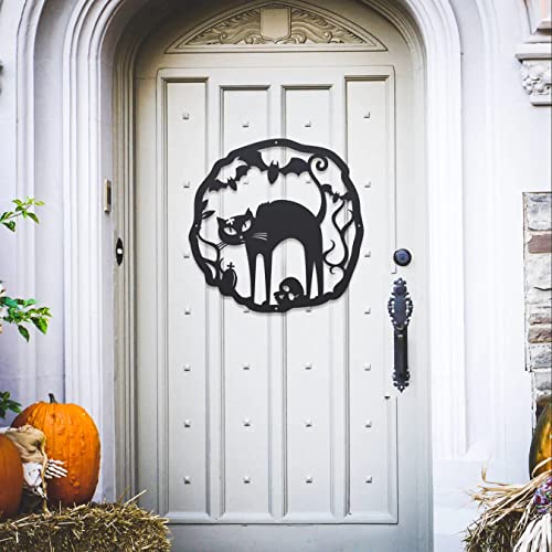 Halloween Cat Wreath Metal Door Sign