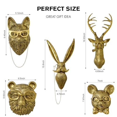 5 PCS Animals Head Wall Art Sculptures 17 inchs Gold Office Vintage 3D Wall Decor Art for Whimsigoth Home Wall Decor Lightweight Material Accent Wall Hanging Room Decor Maximalist Decor