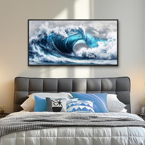 Large Canvas Wall Art For Living Room Wall Decor For Bedroom Ocean Inspiration Wall Pictures Office Mural Decorations Posters Blue Wave Paintings Modern Home Decor Black Framed 24x48 In