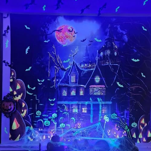 Blacklight Halloween Castle Tapestry 90"x70" Pumpkins Bats Crosses Backdrop Bedroom Aesthetic Hippie Room Decor Glow in The Dark Wall Poster for Halloween Easter