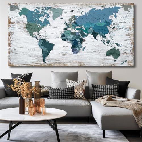 Teal Decor map of the world Canvas Wall Art Pictures for Living Room Decoration Blue Wall Decor Office World Map Art Picture Framed Artwork for Home Bedroom Decoration 40"x79"