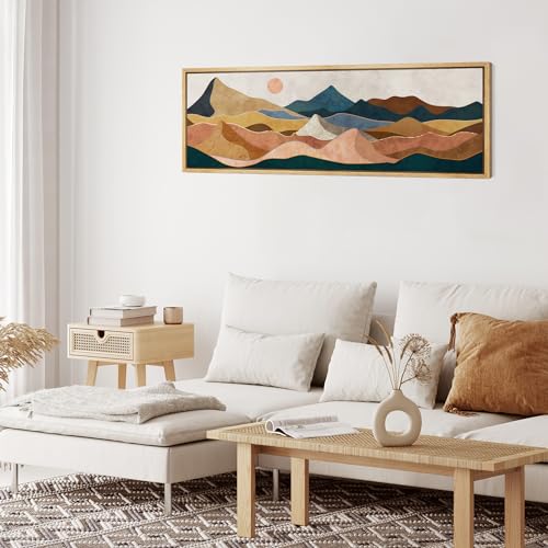 Large Framed Canvas Print Wall Art Desert Peaks Colorful Geometric Mountain Illustrations Antique Retro Fine Art Illustrations Decorative Colorful for Bedroom