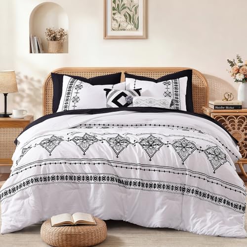 King Size Comforter Set Embroidery Floral 7 Pieces Bed in a Bag