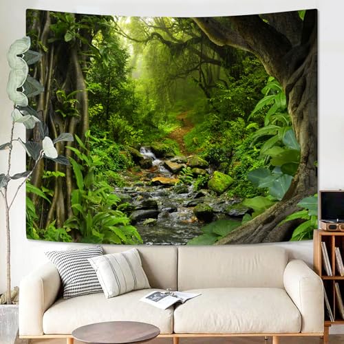 Green Rainforest Tapestry Nature Forest Tapestry for Bedroom Aesthetic Misty Tropical Jungle Trees Flowing Stream Landscape Tapestries Wall Hanging for Living Room Dorm 80 x 60 Inch