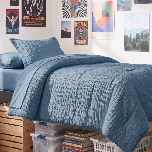 Twin XL Comforter Set 5 Pieces Grayish Blue Seersucker Bed in a Bag