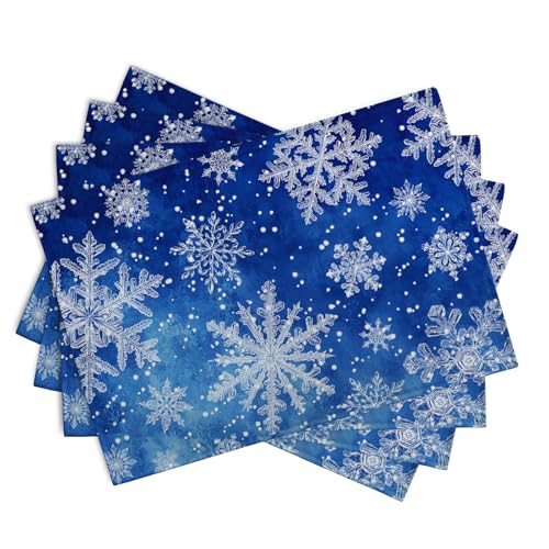 Winter Blue Snowflake Placemats Set of 4 Merry Christmas Snowflakes Linen Fabric Table Mats Seasonal Xmas Holiday Washable Place Mats for Party Kitchen Dining Outdoor Indoor Decor