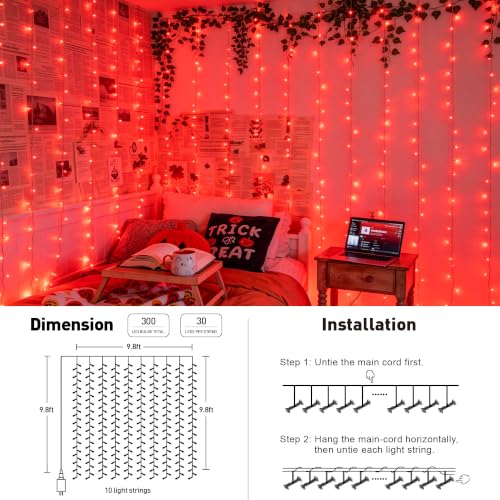 300LED Red Curtain Lights for Halloween Christmas Decor (9.8 Foot)