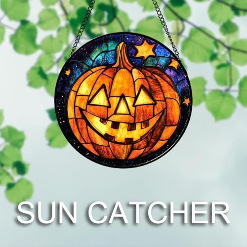 Stained Glass Window Hanging Halloween Horror Golden Pumpkin 7.8"