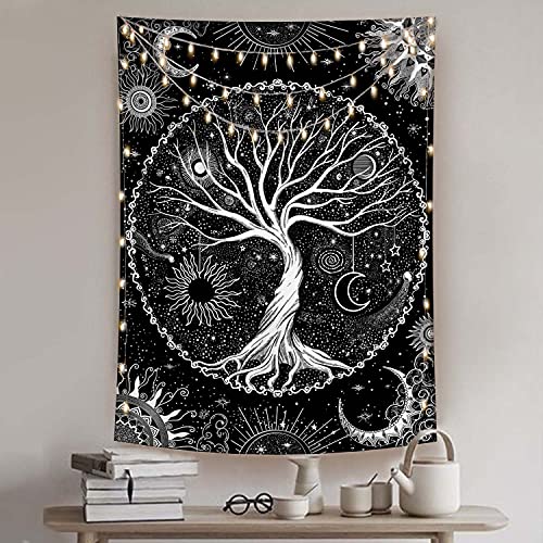 Tree of Life Tapestry Black and White Tapestry Mystical Sun and Moon Tapestries for Bedroom and Living Room Decor Black Tree 36×48 Inches