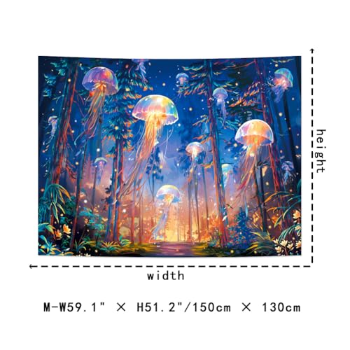Blacklight Forest Jellyfish Tapestry UV Reactive Nature Tree Tapestry Trippy Fantasy Starry Sky Tapestries Aesthetic Jungle Plants Tapestries Wall Hanging for Bedroom