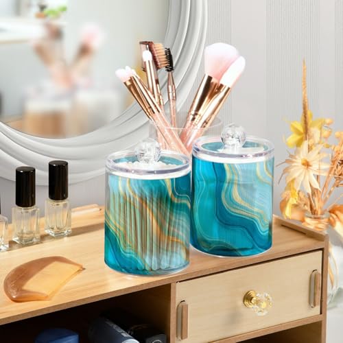 2 Pack Qtip Holder Organizer Dispenser Teal Turquoise Blue Marble Bathroom Storage Canister Cotton Ball Holder Container for Cotton Pads (2 Count)