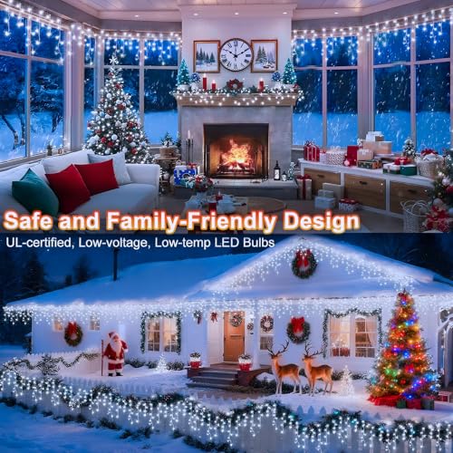 99FT 1216 LED Christmas Lights Outdoor Decorations 8 Modes White Curtain String Light with 228 Drops (99 Foot)