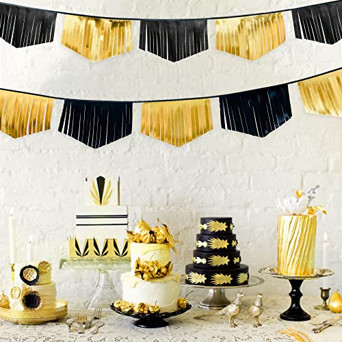 Black and Gold Tassel Banner Double Sided Metallic Fabric Pennant Bunting Flag Garland for Graduation Anniversary Bachelorette Birthday Engagement Wedding Bridal Shower Hen Party Decorations Supplies (18 Count)