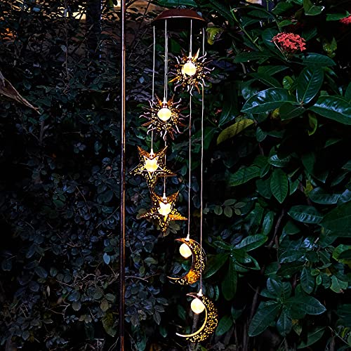 Solar Wind Chimes for Outside with Sun Moon Star Solar Hanging Lights Windchimes Outdoors Garden Decor Gifts for Mother