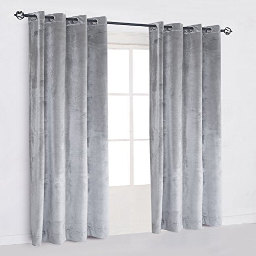 Super Soft Luxury Velvet Set of 2 Silver Gray Classic Blackout Curtains Panels Home Theater Grommet Drapes Eyelet 52Wx96L inch Light Grey