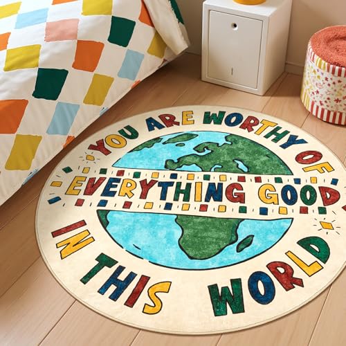 5ft Round Rug Washable Fun Rug You are Worthy Playroom Mat for Kids (19.63 Sq Ft)