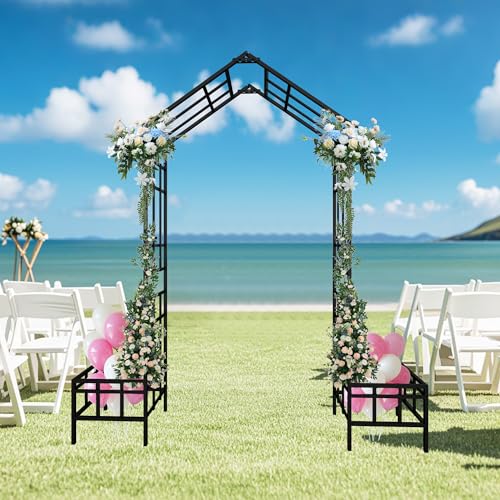 Metal Garden Arch with Plant Box Adjustable Width W68.11'' ~W94.29'' Garden Trellis Climbing Plants Support Rose Arch Outdoor Wedding Party Events Archway