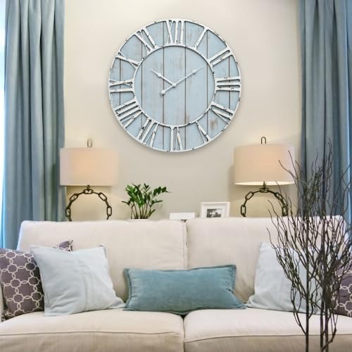 Large Farmhouse Wall Clock 24 Inch Vintage Blue Wooden Wall Clock with Quiet Ticking and Minimalist Roman Numerals for Bedroom Living Room Office Kitchen Home Decor