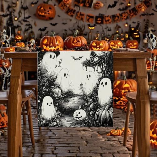 Halloween Table Runner Black Ghost Holiday Burlap Table Decoration Indoor Outdoor Home Decor Party Supply 13 x 60 Inch