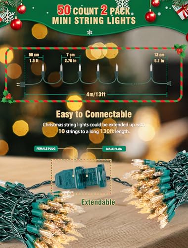 Clear Christmas Lights Set 2 Pack 50 Count Green Wire Mini Lights (26 Foot)