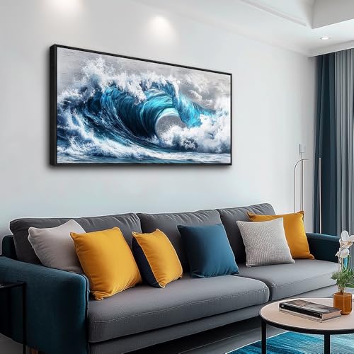 Large Canvas Wall Art For Living Room Wall Decor For Bedroom Ocean Inspiration Wall Pictures Office Mural Decorations Posters Blue Wave Paintings Modern Home Decor Black Framed 24x48 In