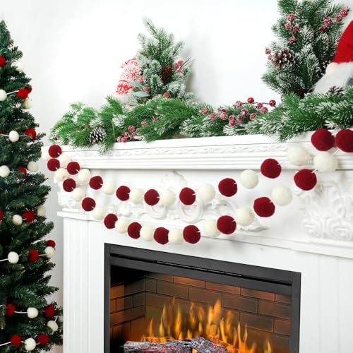 3pk Red Pom Pom Garland 20FT Colorful Large Felt Ball Garland for Mantle (60 Foot)