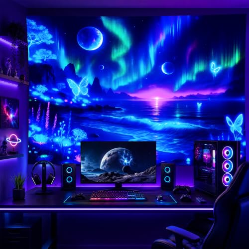 Blacklight Tapestry Galaxy Butterfly UV Wall Art 78 x 59 Inch