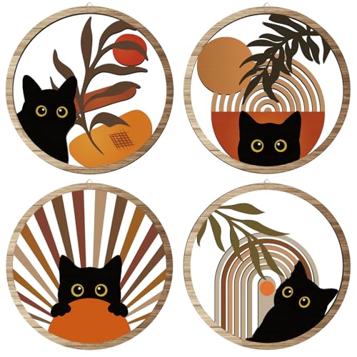 Boho Black Cat Wall Art Black Cat Room Decor Aesthetic (4 Count)